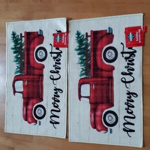 Lot of 2 December Home MERRY CHRISTMAS Red Truck Holiday Accent Rugs 17x30" NWT